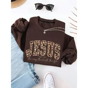 Women's loose round neck leopard print letter pattern pullover, autumn warm long sleeved top, fashionable off shoulder, casual wearRAIMENTRY