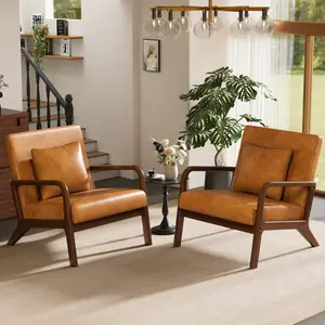 [Set of 2] ABCASA Mid-Century Accent Chairs, Upholstered Armchairs with Lumbar Pillows & Cushions, Solid Wood Frame for Living Room, Bedroom, Office, Lounge, Faux Leather & Linen