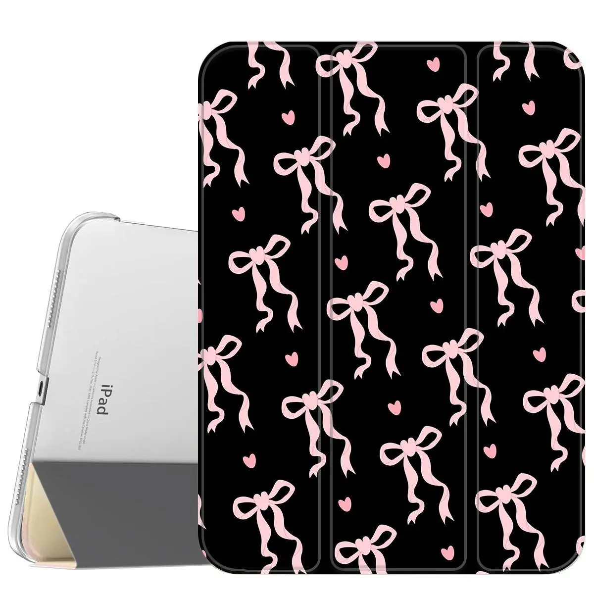 Magnetic Leather Bow Tablet Case (Black & Pink) - Slim Stand Cover, Soft Translucent Frosted Back, Pencil Holder, Microfibre Lining, Protective Casing, Durable Accessories for iPad A16 2025, Air 6, Mini 6, Samsung Galaxy Tab S9