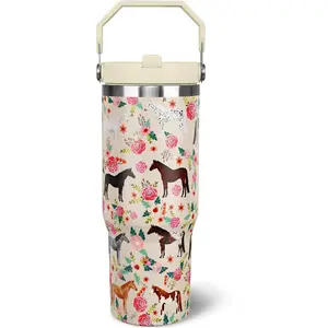 30 oz Horse Tumbler with Handle and Flip Straw, Vacuum Insulated Water Bottle Stainless Steel, Leak Proof Travel Coffee Mug Gifts for Horse Lover, Cute Floral Cup for Home Office Car Outdoors Sports