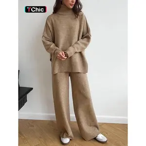 Women's 2 Pcs Sweater Set Autumn/Winter Long Sleeve Turtle Neck Drop Shoulder Solid Color Pullover Sweater and Wide Leg Pants, Women Fall Outfits, Winter 2 Piece Sweater Set, Women Pants Sweater Set, Fall Loungewear Set, Casual Sweater Set