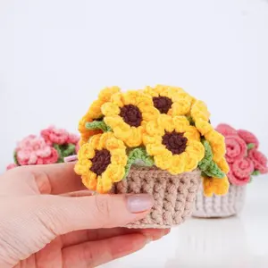 Sunflower Coaster Pot Crochet Handmade Cotton Yarn Mini Flower Pot Decorative Table Ornaments Housewarming Gift Cute Table Ornament Perfect Housewarming/Birthday Gift