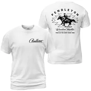 Pendleton Woolen Mills T-Shirt, True As The West Since 1863 Cowboy Riding Horse Graphic Tee, Pendleton Western Heritage Patriotic Shirt, Casual Daily Wear Tee For Men & Women, Apparel Made In The USA