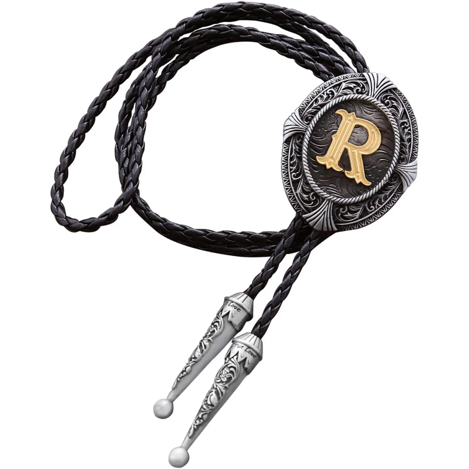Native American Western Cowboy Alphabet Golden Initial A-Z Leather Bola Tie with Tie Design for Men, Women