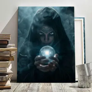 1Count Halloween Framed Canvas, Mystical Witch Holding Glowing Crystal Ball, Dark Fantasy Art Print, Exquisite Poster, Christmas Decoration Poster, Living Room, Bedroom, High Definition Home Poster,  Ideal Gift, Waterproof,  Art