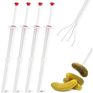 Set of 4 Pickle Grabber Tool Stainless Steel and Plastic Pickle Picker Grabber 8 Inch Deluxe Olive Picker Pincher Tool Jar Fork for Kitchen Food Olive Pepper, White