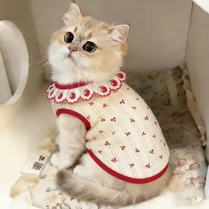 Cute Cat Lace Vest Clothes, Spring Summer Cherry Print Breathable Thin Pet Sleeveless Shirt Outfit for Ragdoll British Shorthair Kitten