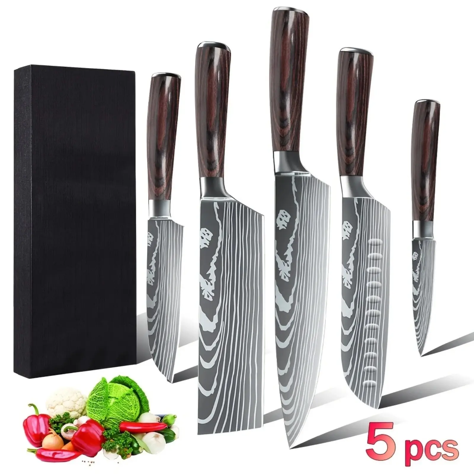 Premium 5-Piece Kitchenware Knives Set - High Carbon Steel Japanese-Style Cooking Cutlery with Damascus-Pattern Engraved Blades, Ergonomic Wooden-Look Handles, Cooking Knives