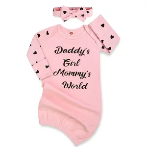 L-BN050  Newborn Baby Girl Gown 0-6 Months, Baby Girl Nightgowns, Babies Girls Gift, Little Sister Newborn Outfit and Coming Home Outfits with Headband Set Pink