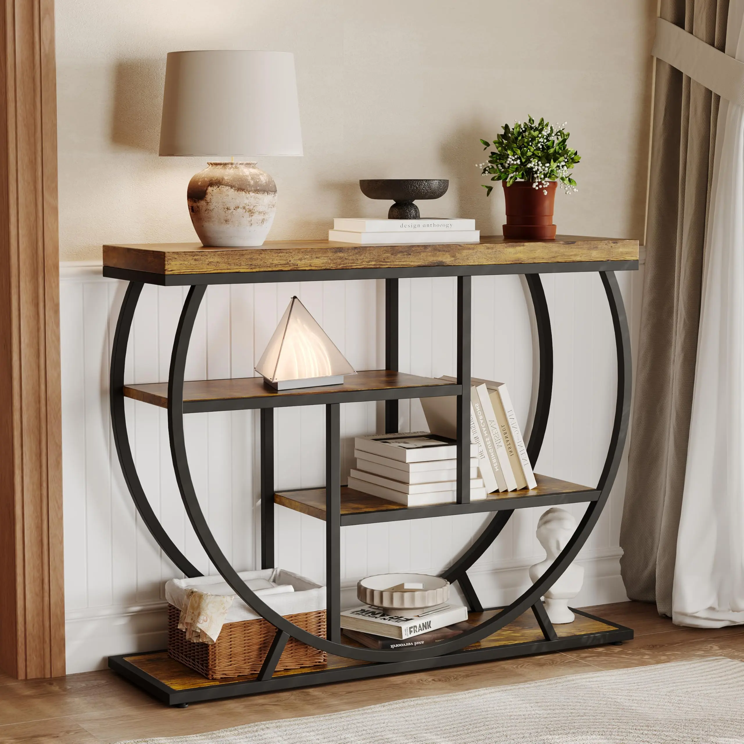Console table, 99.9cm industrial side table with 4 storage shelves, narrow entryway table with metal frame for living room, rustic brown color.