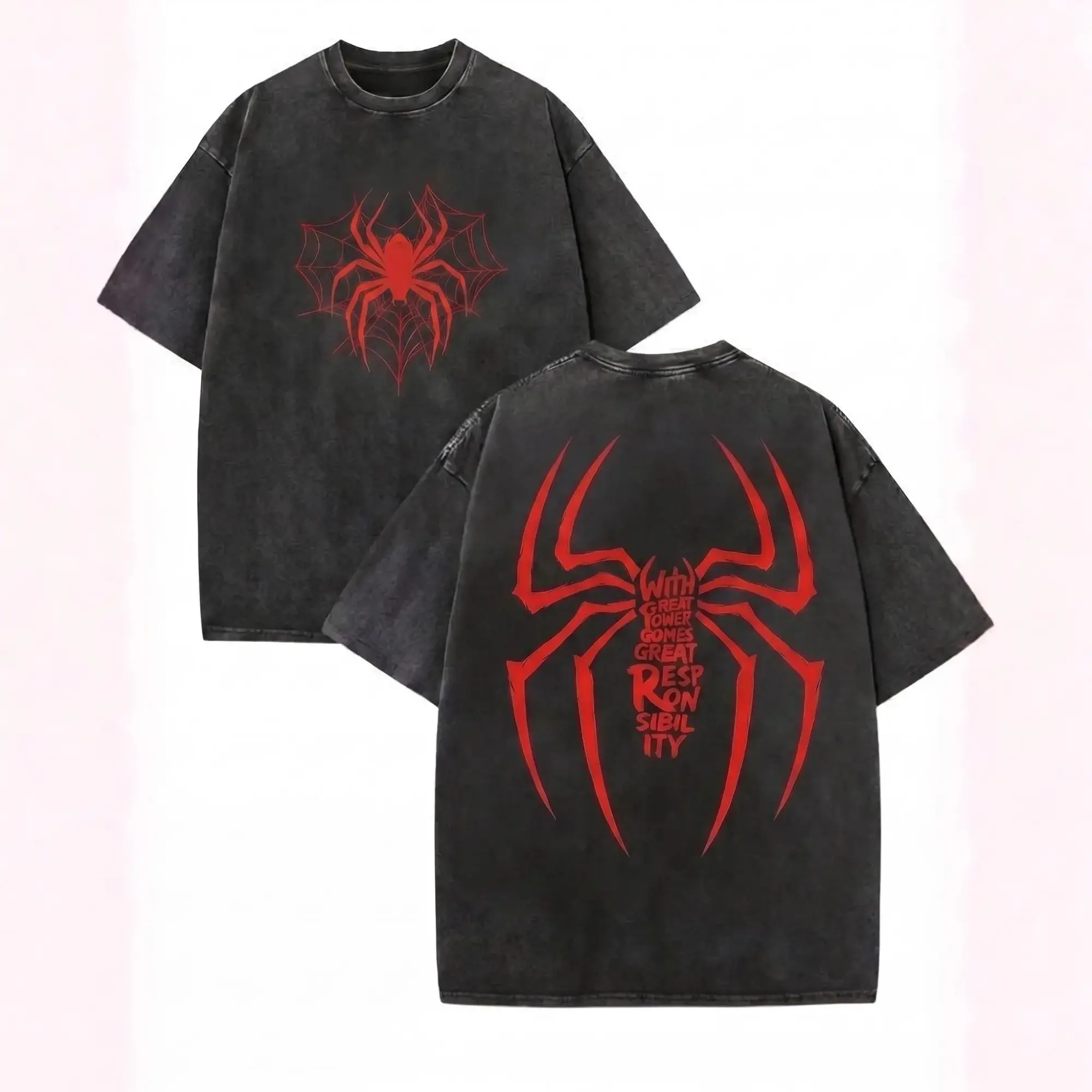 Red Spidey Graphic Acid Wash T Shirt, Vintage  Streetwear Tee, Front and Back Spidey Symbol Shirt, Gothic Spidey Graphic Tee, Unisex Casual Fashion Gift