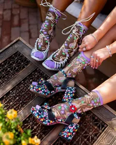 Rabbit Floral Black Sheer Crew Sock