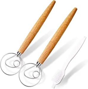 2-Pack Danish Dough Whisk, 13-Inch Dutch Whisk with Stainless Steel Ring, Dutch Bread Whisks for Sourdough, Pizza, Pastry, and Cookies, Essential Kitchen Cooking Safe Mixing Tool