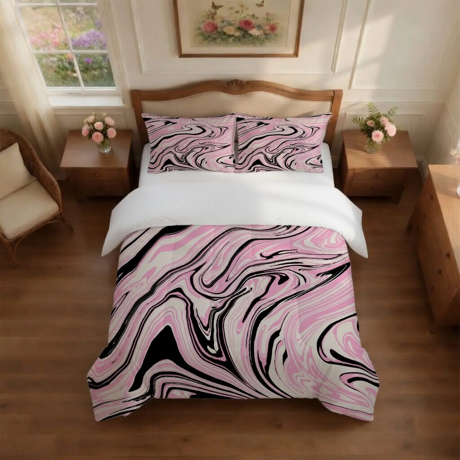 Pink & Black Fluid Marble Print Comforter Set, Printed Bedding Set, 2/3 Pieces (1 Comforter + 1/2 Pillowcases, No Inserts), U-Shaped Quilted, Soft Breathable Skin-Friendly, All-Season Use for Home Decor