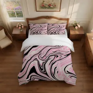 Pink & Black Fluid Marble Print Comforter Set, 2/3 Pieces Bedding Set (1 Comforter + 1/2 Pillowcases, No Inserts), U-Shaped Quilted, Soft, Breathable & Skin-Friendly Swirl Pattern Digital Print Quilt, All-Season Use for Bedroom, Guest Room & Dorm Decor