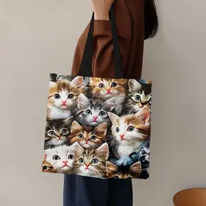 Cute Cat Pattern Tote Bag, Stylish Tote Bag, Funny Cat Pattern Shoulder Bag, Casual Trendy Versatile High-quality Daily Commuting Bag, Girl Fashionable Shopping Bag, Fashionable Patterned Bag