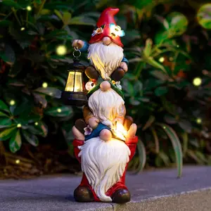 Cute Triple Garden Gnome Statue with Solar Lights - Santa Gnome Sculpture for Home and Garden Decor