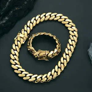 14K Gold Chunky Miami Cuban Chain Necklace & Bracelet Set – Hidden Magnetic Clasp, Flat Polished Links Streetwear Hiphop Curb Chains 14/18/22mm 7.5”–30”