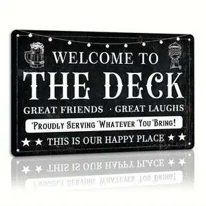 2D Flat, 1pc 8*12in Aluminum "Welcome to The Deck" Humorous Patio Metal Sign.Black & White Distressed Design, Pre-drilled Holes, Suitable for Deck, Patio, Backyard.Durable Weather-Resistant Decor, Fun Gift for Hosts & Outdoor Enthusiasts