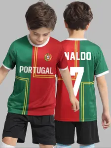 Kids Soccer Uniform Set: Quick-Dry Breathable Red Green Geometric #7 Jersey & Shorts Youth Football Training Kit for Boys Girls