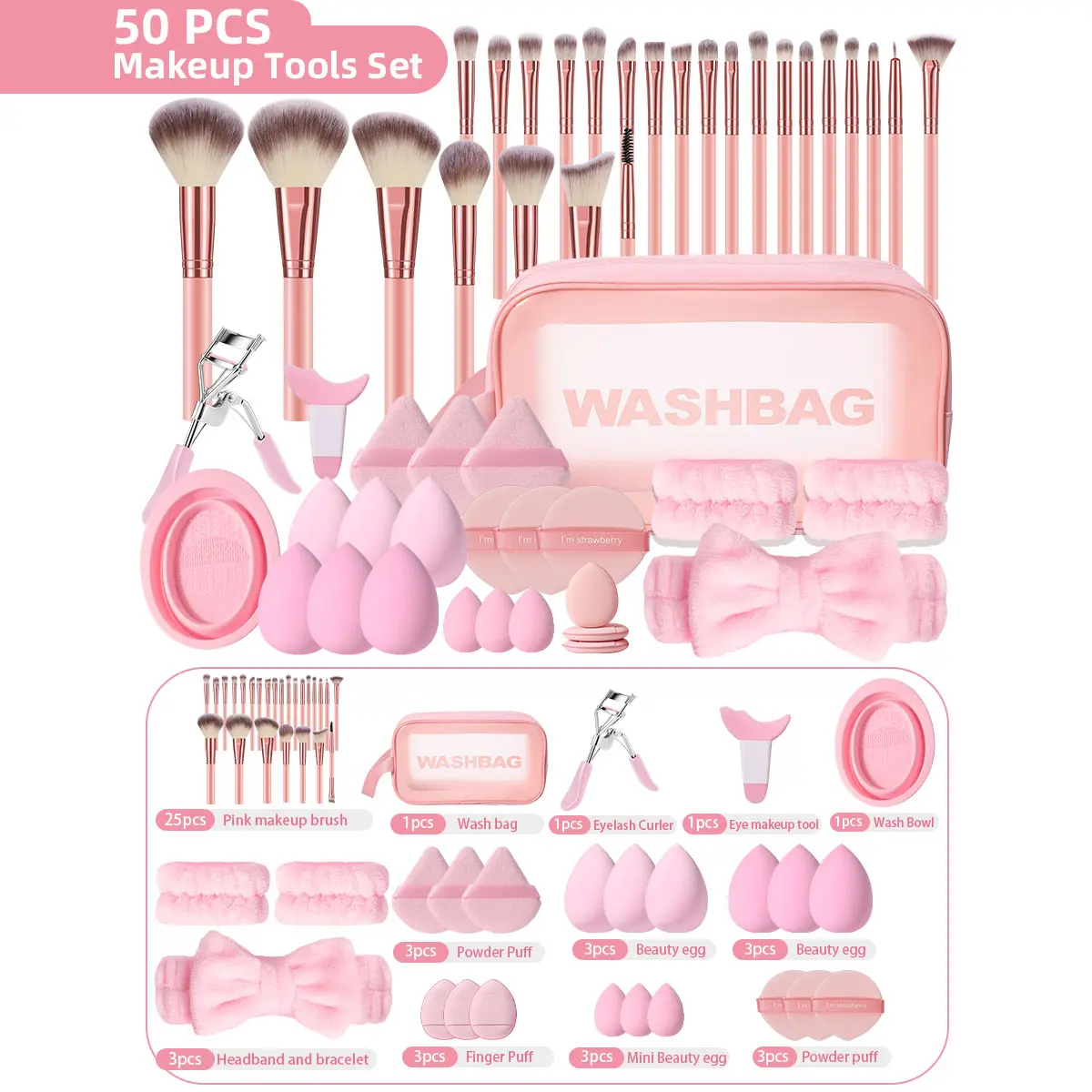 50 Piece Makeup Brush Set, Soft Bristle Powder Brush Blush Eyeshadow Sponge, All-In-One Beauty Tool Kit, Essential Cosmetic Brushes, Makeup Accessories, Makeup Brushes Kits, Multifunctional Makeup Tools