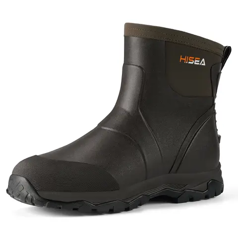 HISEA Men's Premium Slip-On Ankle Rain Boots - 5mm Neoprene & Rubber Waterproof Insulated Boot with Memory Foam, Kick Plates, Breathable Mesh, Elastic Shoe Mouth, Durable & User-Friendly Flexible Foot-Hugging Fit for Gardening, Hunting, Camping