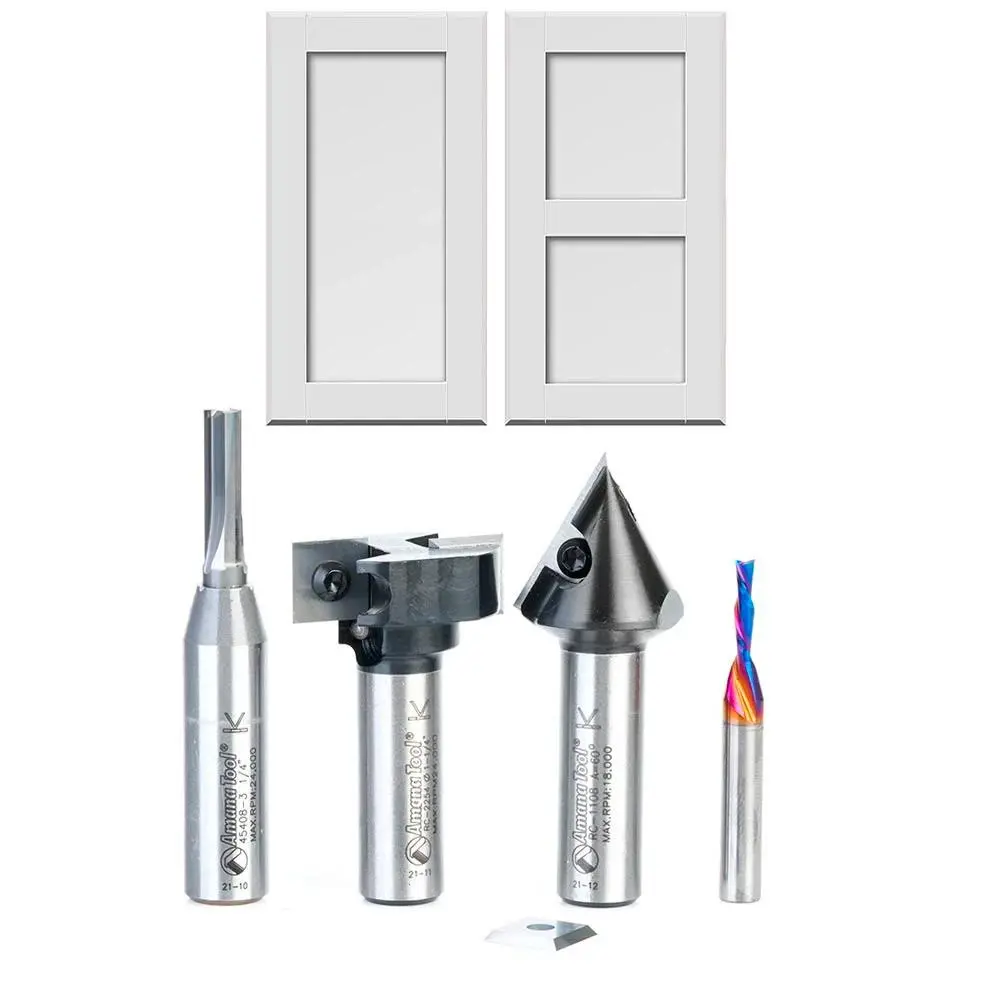 Amana Tool AMS-262 4-Pc CNC Simulated MDF Shaker Cabinet Door Router Bit Set, Solid and Insert Carbide, 1/4 and 1/2 Inch Shank
