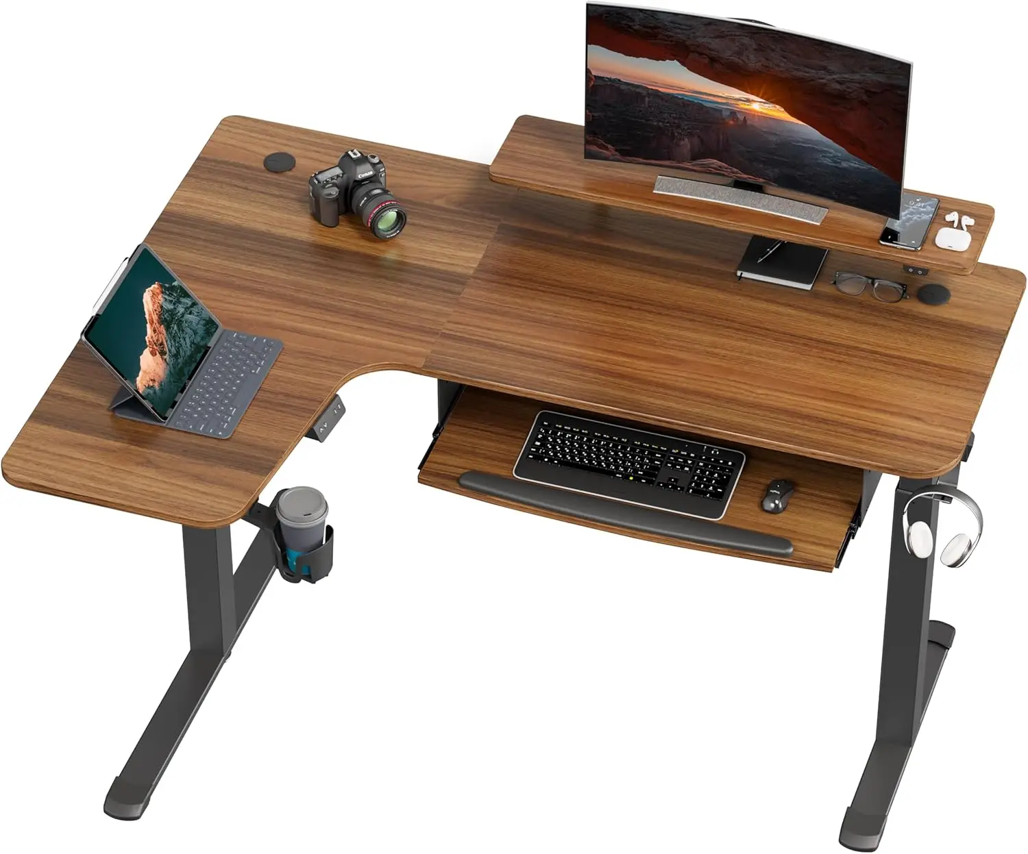 EUREKA ERGONOMIC Standing Desk Electric Adjustable Height (61"X43") Computer Desk with Keyboard Tray, Sit Stand Desk L Shaped Desk for Work/Home Office,Dual Motor,Memory Presets,2 Usb/Rgb,Walnut/Left