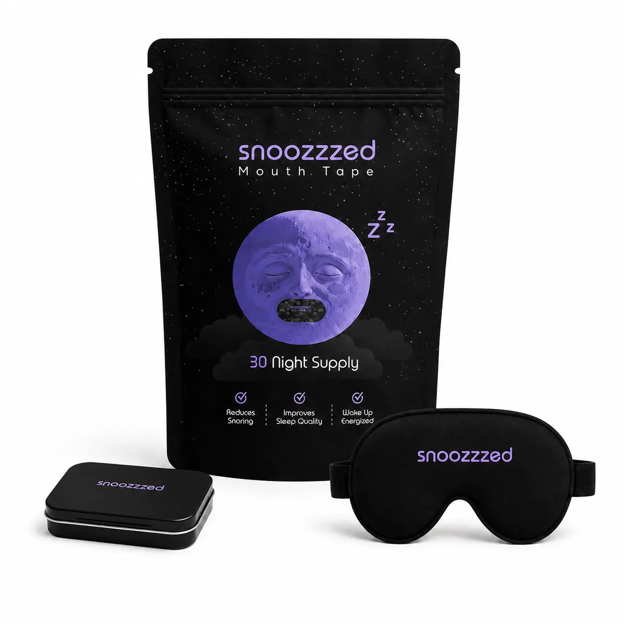 snoozzzed Sleep Essentials Bundle – 30 Night Supply of Mouth Tape, 3D Sleep Mask, & Storage Tin