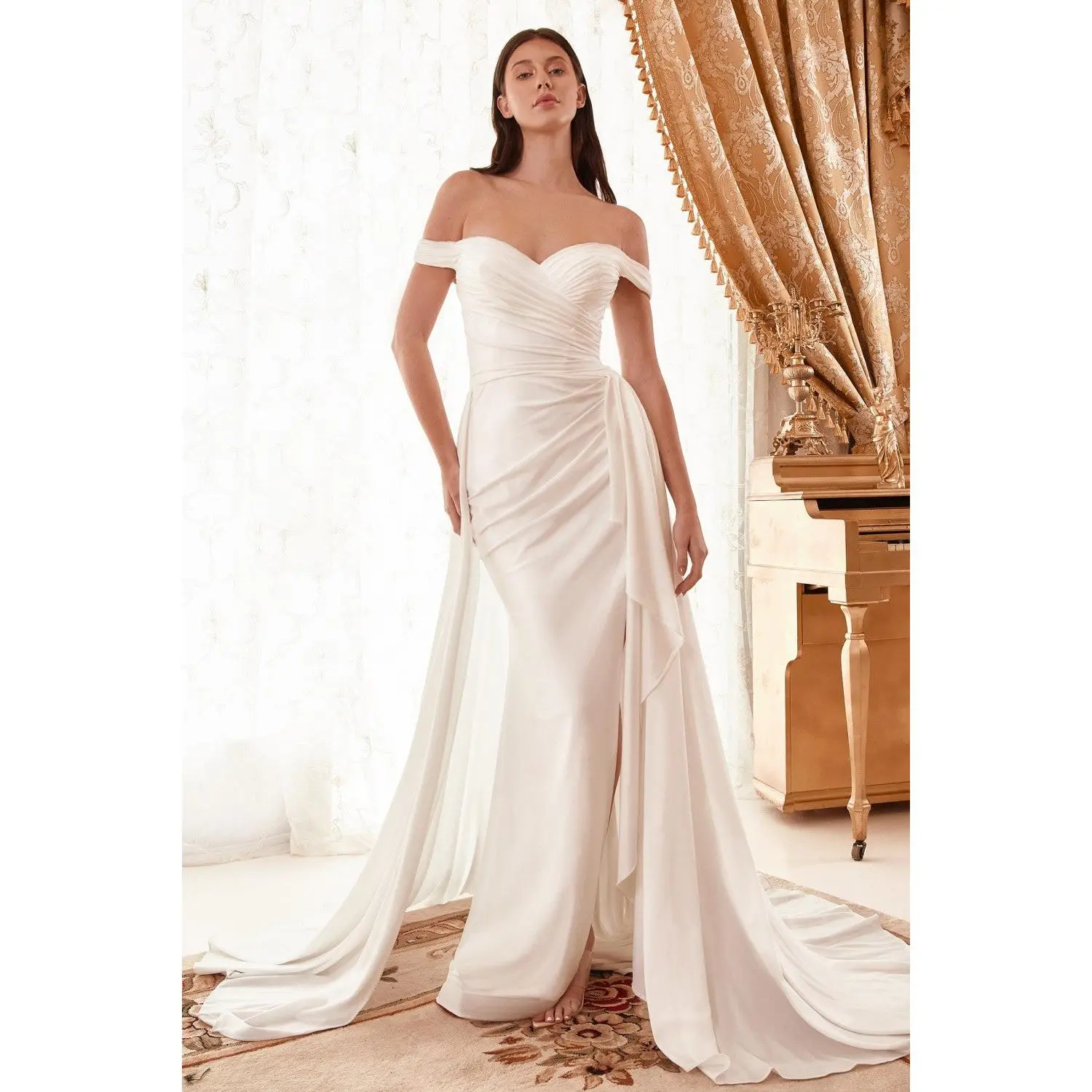 Draped Off The Shoulder Bridal Gown With Overskirt By Cinderella Divine -WN315
