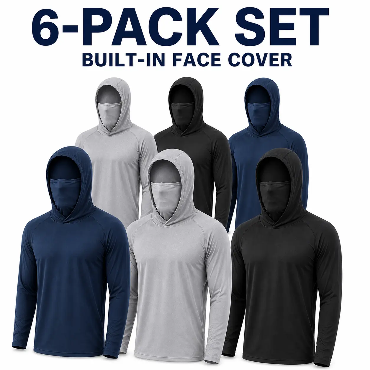 Men's 6-Pack Outdoor Work Shirts with Hood and Face Cover, Breathable Lightweight Long Sleeve Shirts for Lawn Care, Gardening and Construction