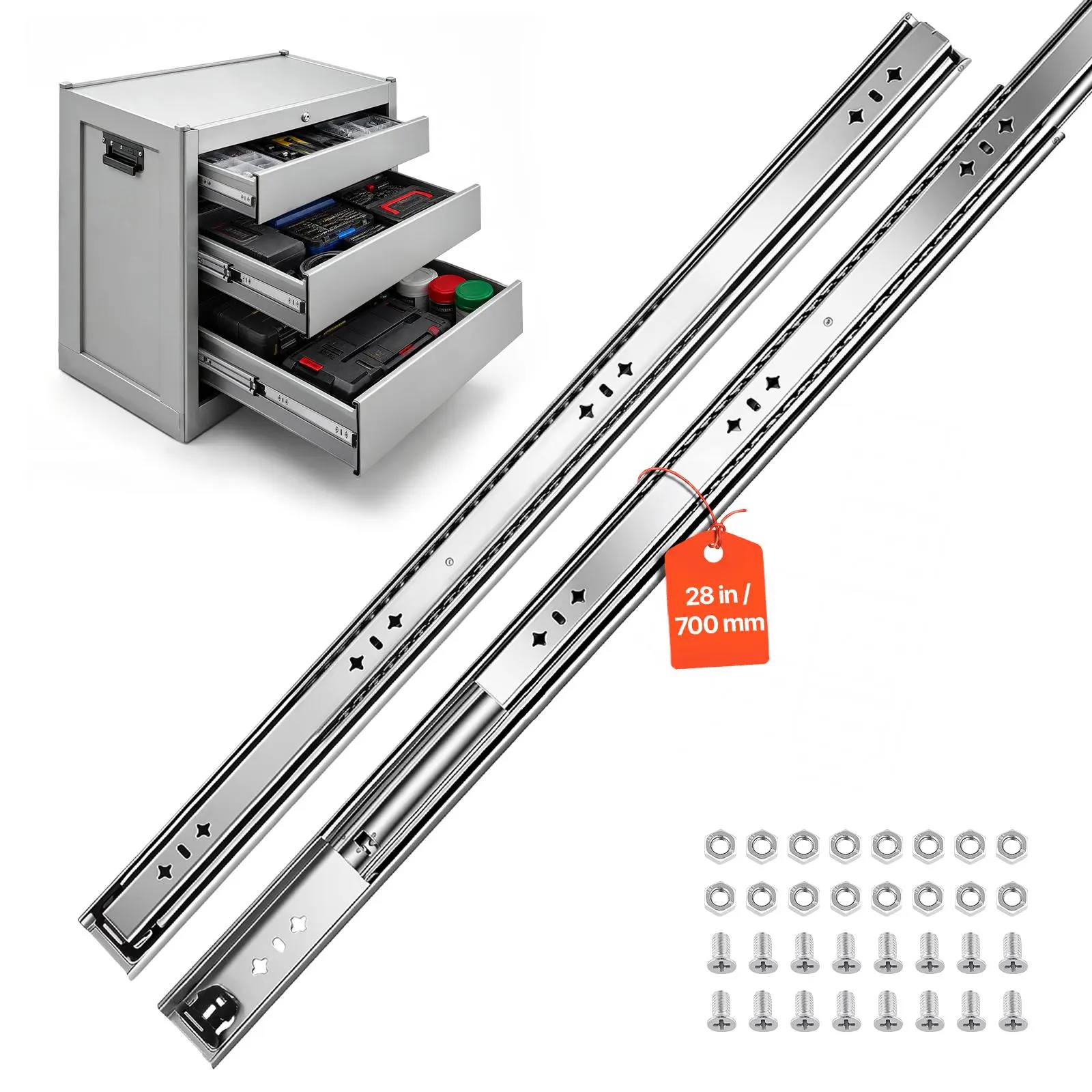 VEVOR Heavy Duty 3-Fold Full Extension Ball Bearing Drawer Slides, 28 in (700mm) 265 lbs Load Side Mount Full Metal Construction Sliders, Reinforced Steel Track Material Sliders for Kitchen Workbenches, RV, Carbon Steel with Screws Nuts, 1 Pair
