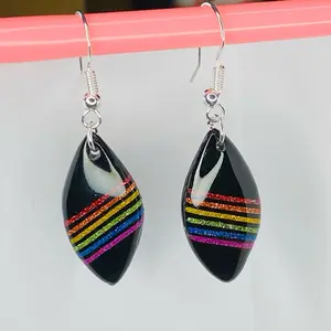 Rainbow Glitter Striped Black Dangles - Hook Earrings with Rainbow Design and Black Background