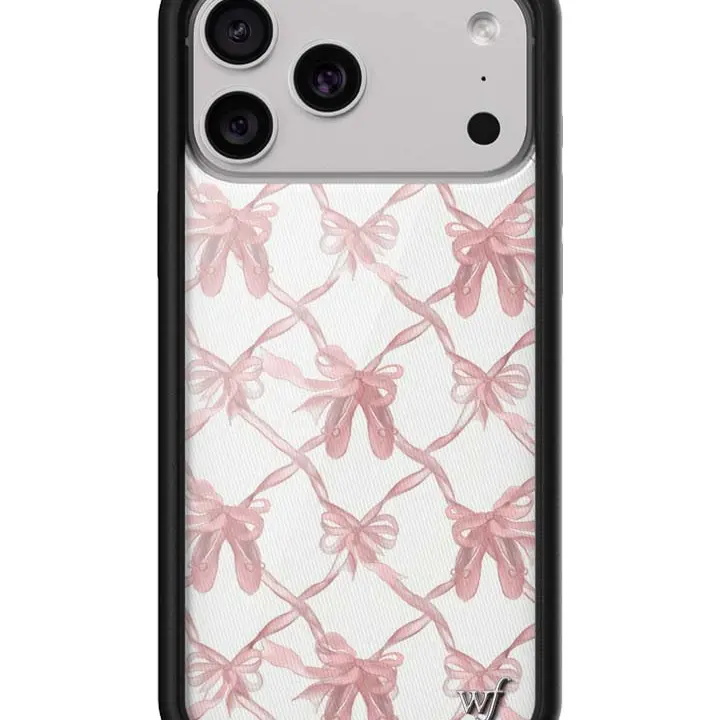 Wildflower Cases Limited Edition Custom Durable iPhone Cellphone Casing - Pink On Pointe Ballet-Slip Design, White Background, Bright Pink Ribbon, Raised Black Rubber-Polyurethane Bumpers, Silver WF Emblem, Handmade Women's Owned Small Business Gift