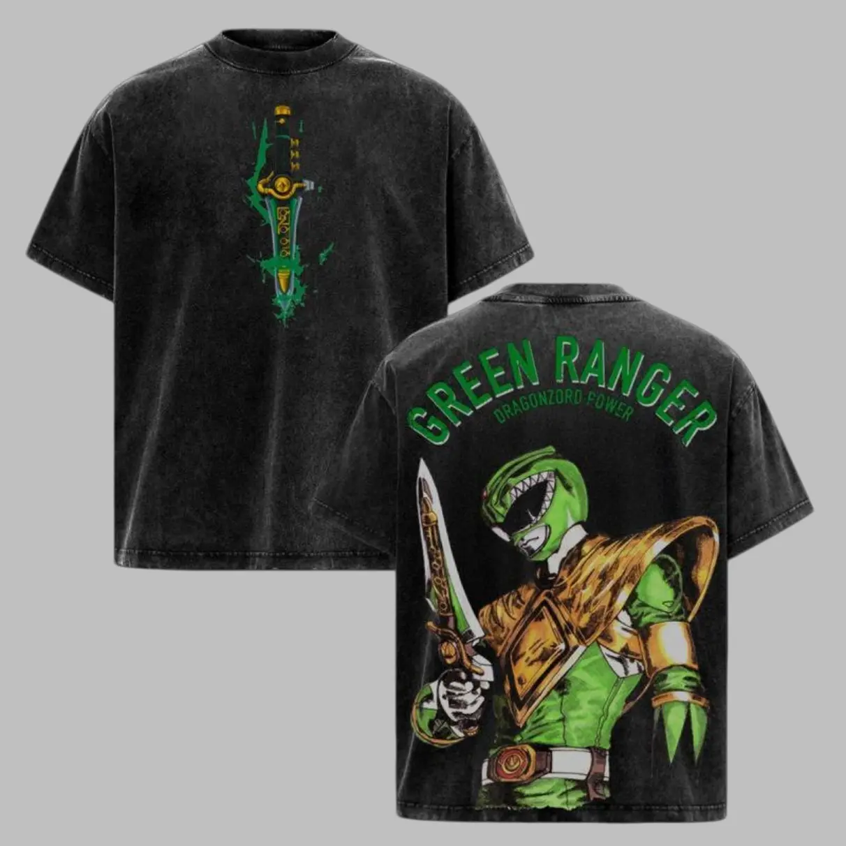 Men's Graphic T-Shirt with Power Rangers Green Ranger Print, Oversized Round Neck Streetwear Tee in Soft Acid-Washed Cotton
