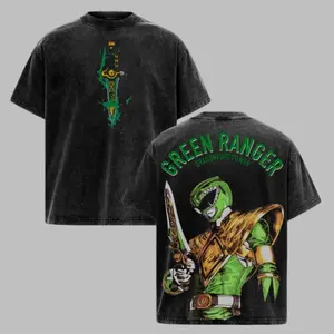 Green Ranger Power Rangers Edition Double Printed Oversize Lightweight Acid Washed Tee TV Series Graphic Design Top Cotton Streetwear Movie T-Shirt Clothes Menswear Womenswear Apparel Classic