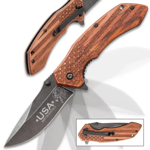 Unisex Compact Folding Pocket Knife - Engraved Wood Grip, 3.25" Stonewashed Black Stainless Steel Blade, Assisted Opening, Clip, Multi-Purpose Peeling & Carving, All Ages Camping Hiking Survival Gear, Folding Pocket Knives