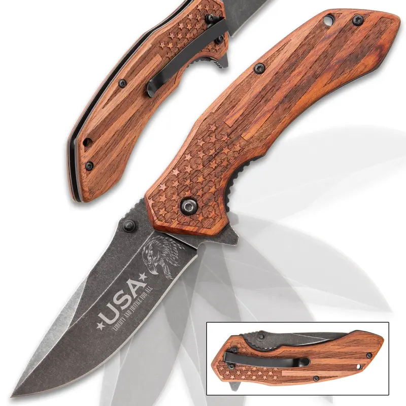 Unisex Compact Folding Pocket Knife - Engraved Wood Grip, 3.25" Stonewashed Black Stainless Steel Blade, Assisted Opening, Clip, Multi-Purpose Peeling & Carving, All Ages Camping Hiking Survival Gear, Folding Pocket Knives