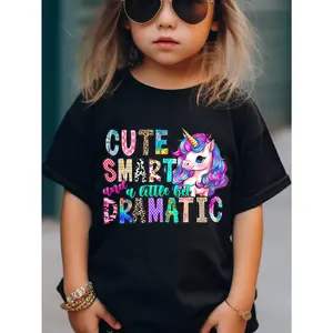 Girls' Cotton T-shirt With Colorful Unicorn Pattern Print And Letter Print For Comfortable And Casual Round Neck Short Sleeves