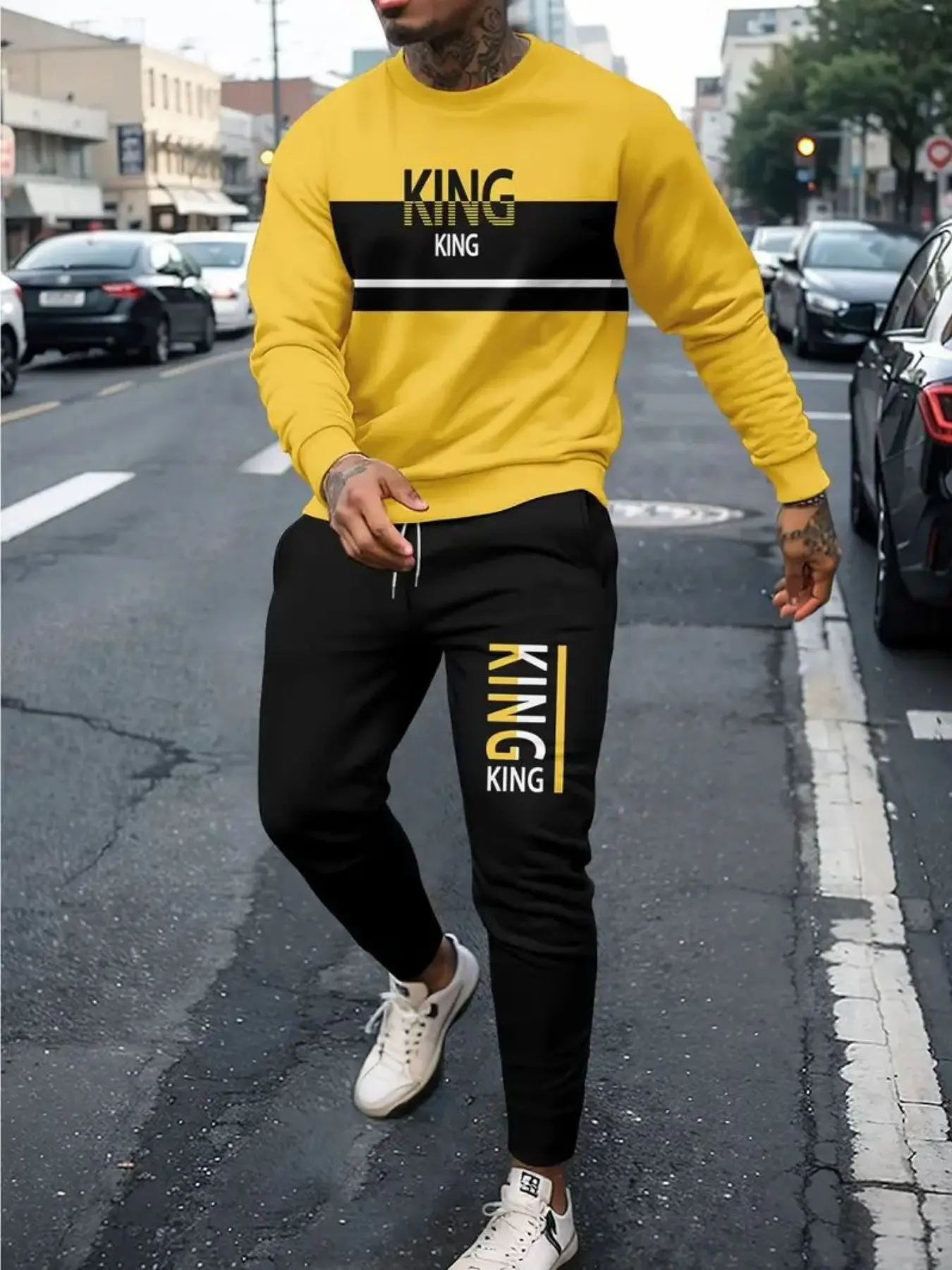 Men's Fashion Sweatshirt Set, 3D Printed Drop Shoulder Round Neck Long Pants Two-Piece, Casual Fitted Fall & Winter