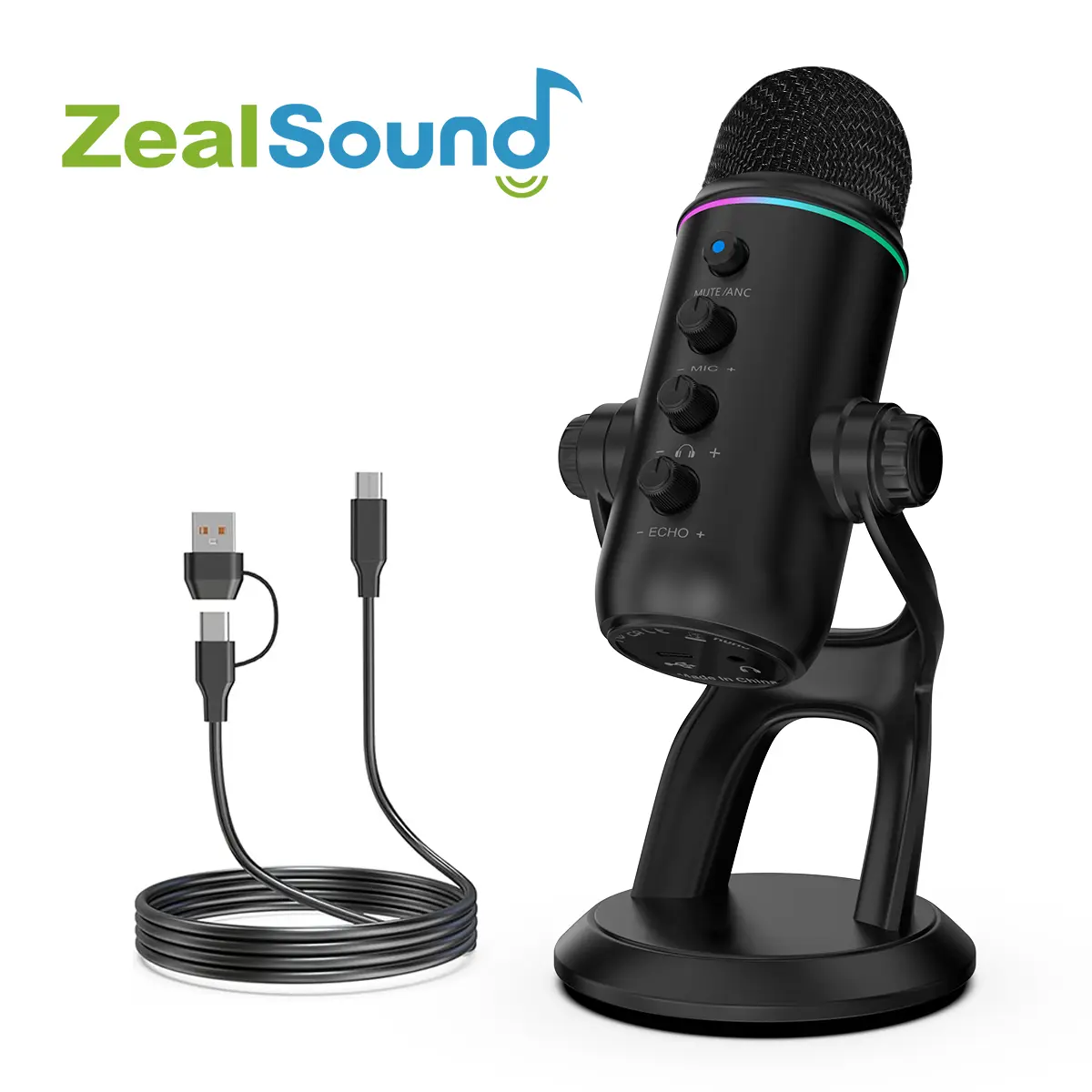 ZealSound Z5 RGB Condenser Microphone with Wired USB Type A Cable, Adjustable Desktop Stand - Noise Reduction, Mute Button, Headphone Jack, Plug-and-Play for Gamers' Content Creation on Mobile, Computer Devices