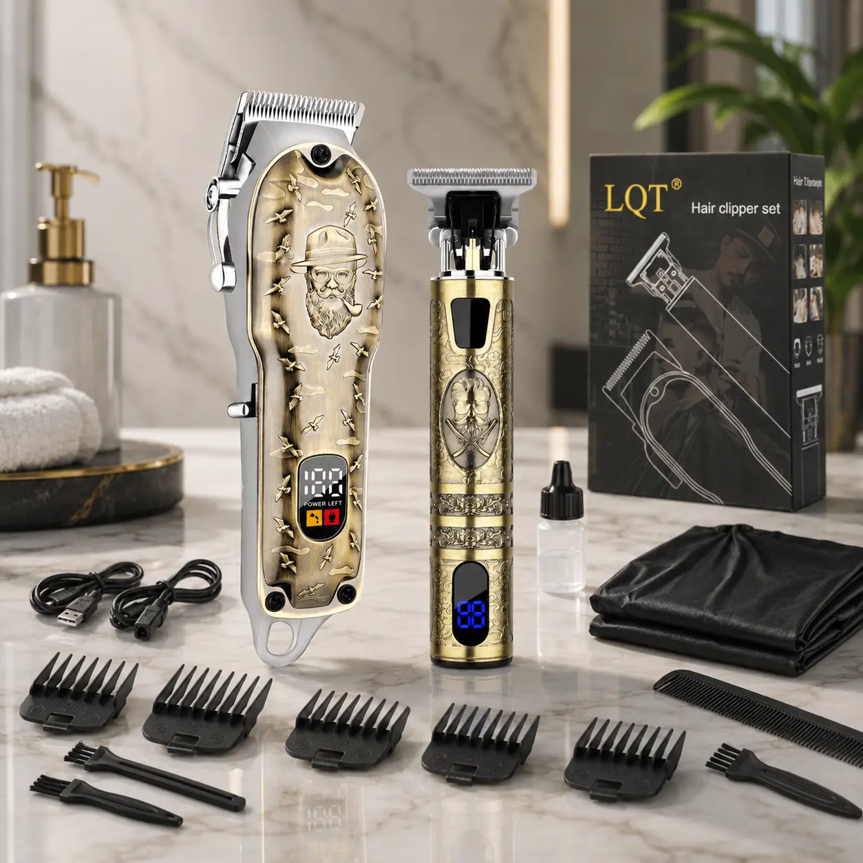 Copper Hair Clippers 2PCS Set for Men, Professional Cordless Hair Trimmer Kit Includes Hair Clipper & Detail Trimmer, Powerful Motor, Low Noise, Precision Blades, Stylish Metal Design for Hair, Beard & Grooming, Perfect for Home and Barber Use. campingess