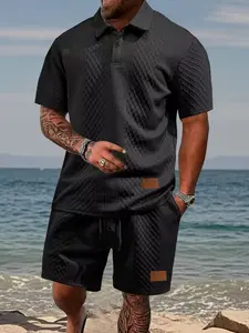 Men's Textured Short Sleeve Polo Shirt and Drawstring Shorts Set, Casual Slim Fit Top and Pocket Pants, Perfect for Beach Vacation