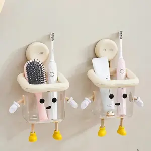 Cute Wall-Mounted Bathroom Toothbrush Holder with Suction Cup Design, High-End Multifunctional Clear Container for Toothbrush Storage, No Drilling Required