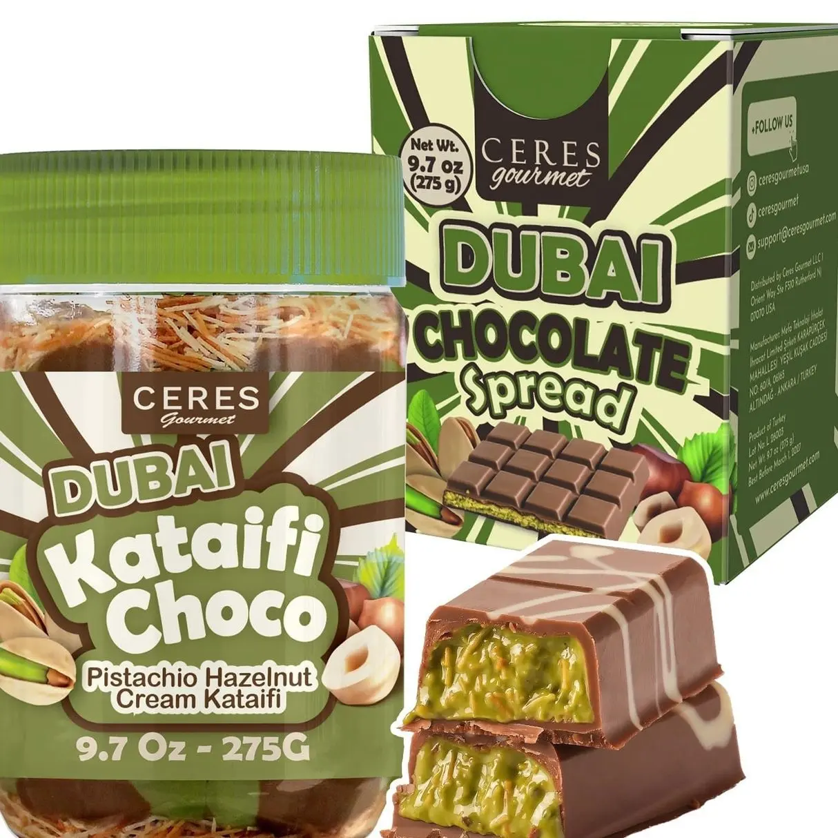 Ceres Gourmet Dubai Spreadable Chocolate– Pistachio Spread with Roasted Phyllo Kataifi, Gourmet Breakfast Choco, Crunchy Dubai Filling (9.7 Oz)