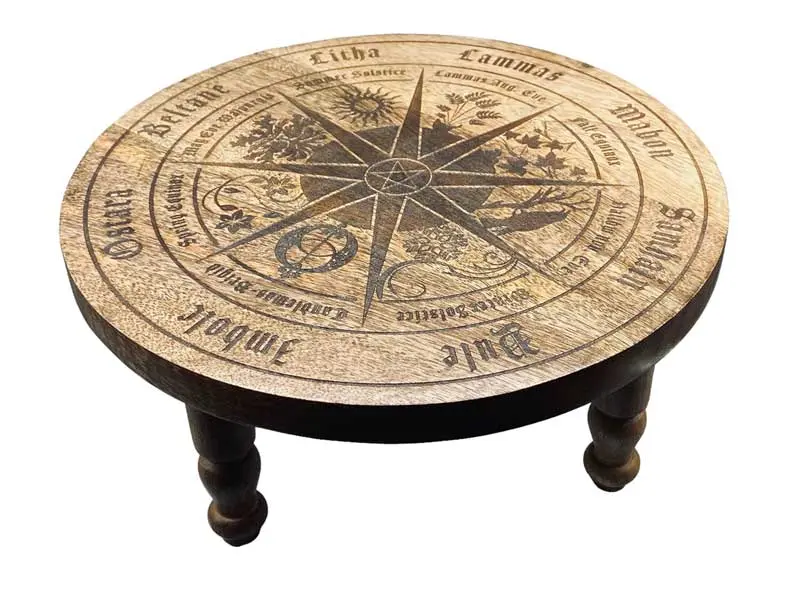 Pagan Wheel of the Year Altar Table 11¾ Inch — Carved Wood Calendar