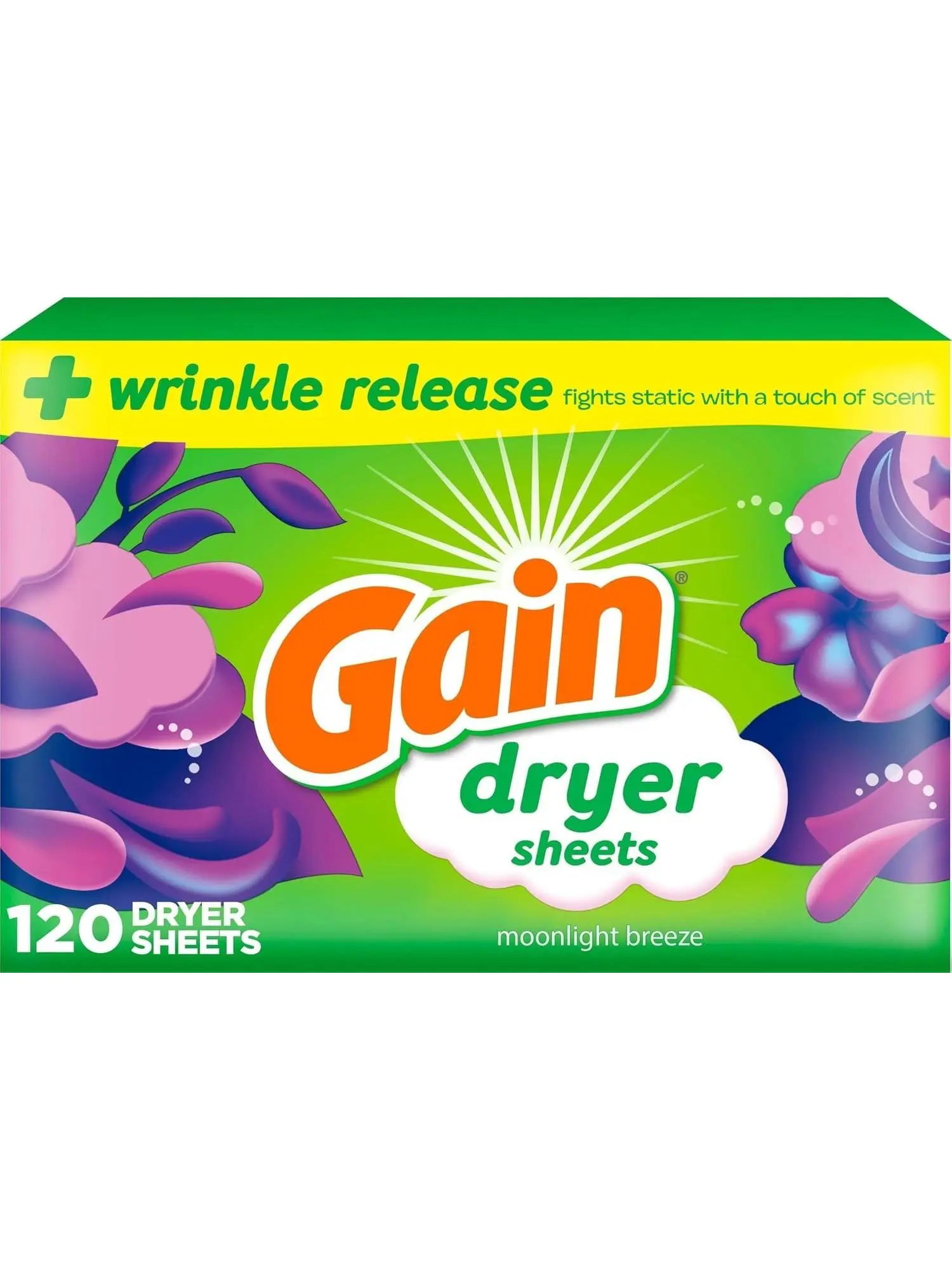 Gain dryer sheets Plus Wrinkle Release, Moonlight Breeze Scent, 120 Count, Fights static with a touch of scent, laundry sheets – 120 Count (Pack of 1)