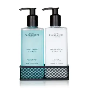 Pecksniffs Sandalwood and Vanilla Moisturizing Hand Wash and Hand Lotion in a Black Mesh Caddy | 300ml/10.14 Fl oz
