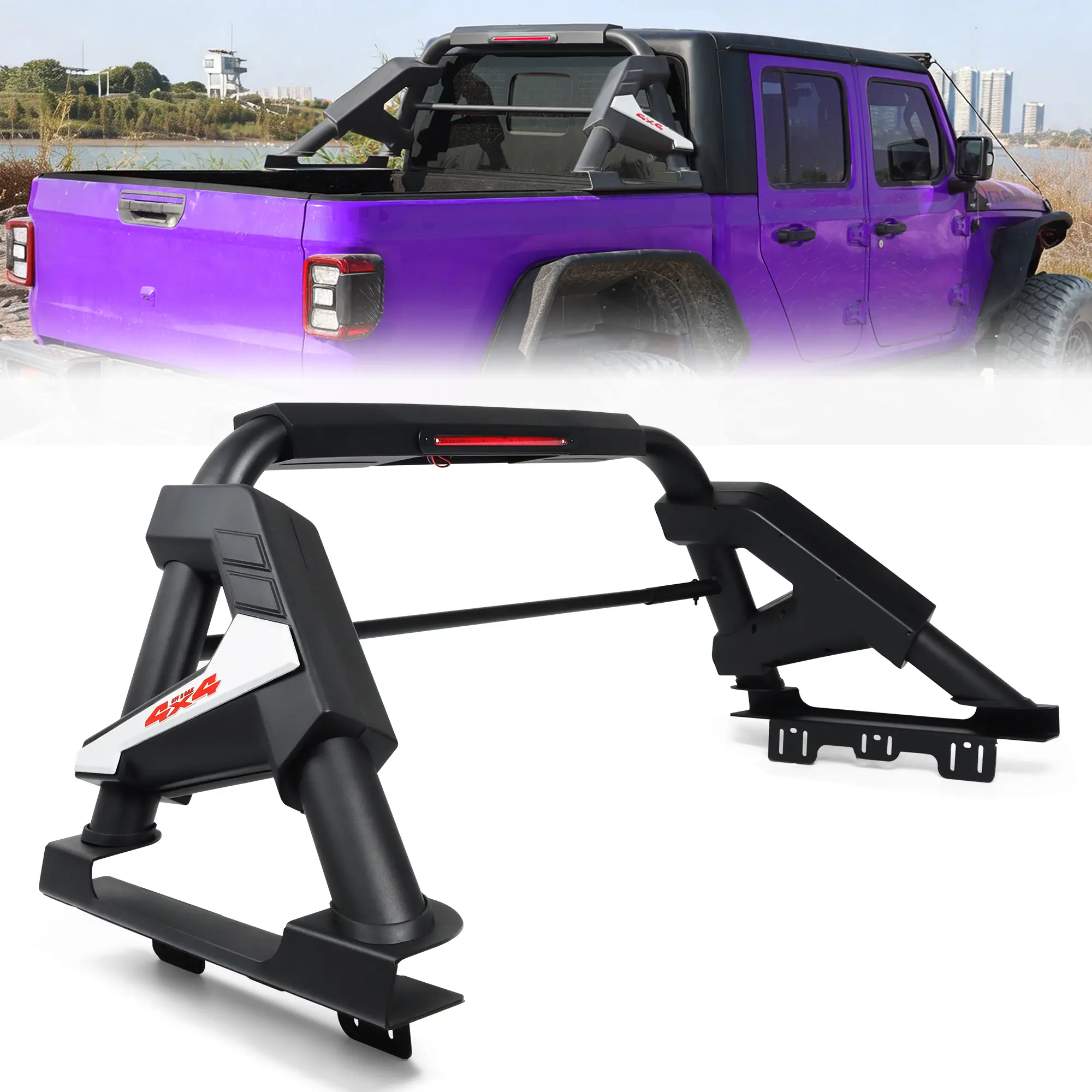 MONOKING Carbon Steel Adjustable Truck Roll Bar Roof Rack for Mid-Size Trucks (Tacoma, Gladiator JT, Frontier), 56"-67" Dual Tube Sport Bar, Bolt-On, LED Brake Lights, 56"-67" Adjustable