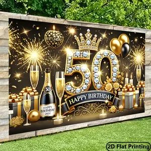 2D Flat Banners 243.84x182.88cm Glittery 50th Birthday Party Backdrop - Polyester Photography Banner with Crown, Balloons & Champagne Design for Indoor/Outdoor Celebrations, Studio Props & Decor, Outdoor Event, Indoor Celebration